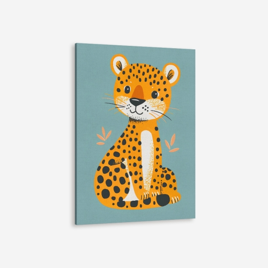 Poster de um leopardo amarelo com manchas pretas, perfeito para dar um toque selvagem ao quarto de bebé. 5